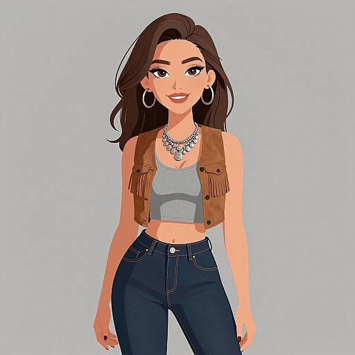 Digital illustration of a smiling woman with long brown hair, wearing a brown fringe vest, gray crop top, and dark blue jeans, against a light blue