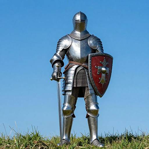 Photograph of a medieval knight in shiny silver armor, holding a sword and red shield, standing on grass against a clear blue sky.