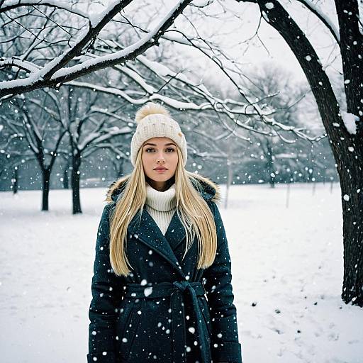 Woman in Winter Coat and Hat in Snowy Park