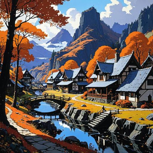 Autumn Village by Mountain River