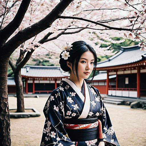 Young Woman in Kimono Under Cherry Blossoms