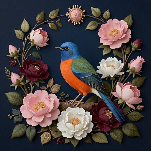 Digital artwork of a vibrant blue and orange bird centered among pink, white, and dark red flowers with green leaves on a dark blue background.