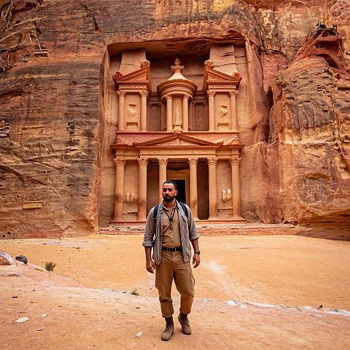 Photograph of a bearded man in outdoor gear standing in front of a massive, ancient, red-rock temple with Corinthian columns.