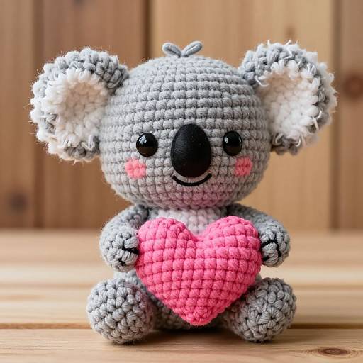 Photograph of a cute, gray crochet koala with white ears, black eyes, pink cheeks, and a bright pink heart, sitting on wooden surface
