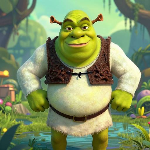Digital CGI image of a green-skinned, chubby, smiling ogre with horned headgear, wearing a white fur tunic and brown vest,
