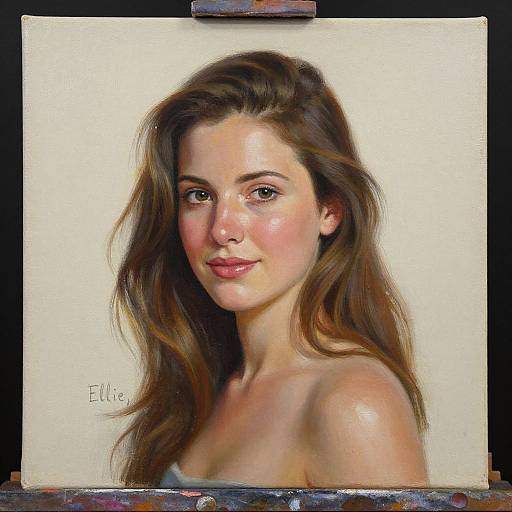 Digital painting of a young woman with long brown hair, fair skin, pink cheeks, and subtle smile, signed 