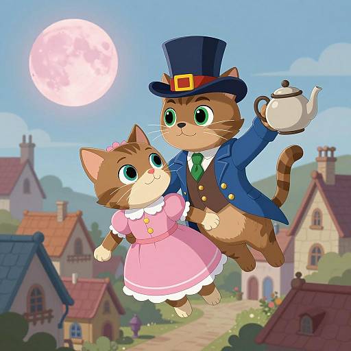 Anthropomorphic Cats Flying Over Medieval Village