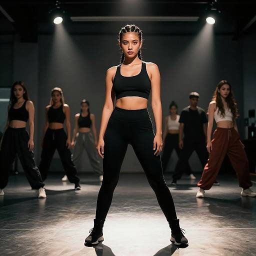 Photograph of a confident, fit woman with braided hair, wearing a black sports bra and high-waisted leggings, standing center stage under spotlight