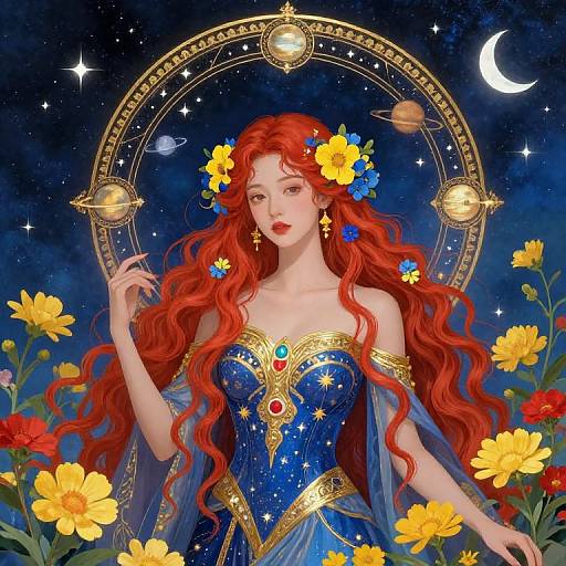 Serene Cosmic Goddess with Celestial Motifs