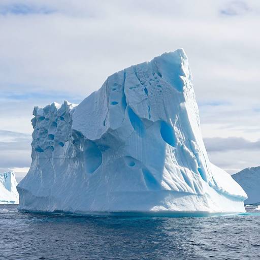 Photograph of a massive, towering blue-tinged ice berg with jagged edges, floating in dark ocean water under a bright, partly cloudy sky