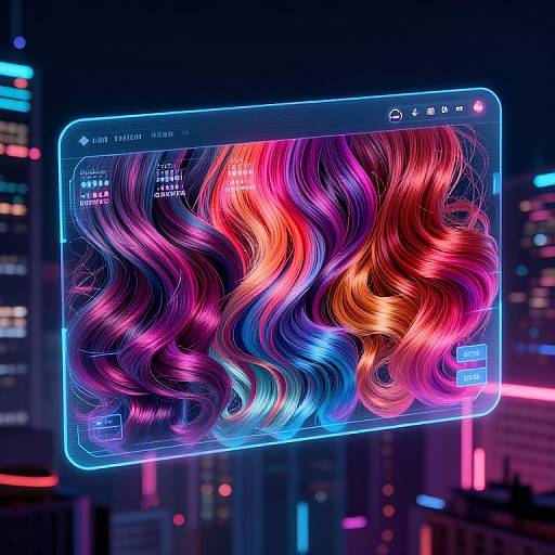 Neon-lit digital screen displaying vibrant, wavy pink, purple, and blue hair, floating above a futuristic cityscape with colorful lights.