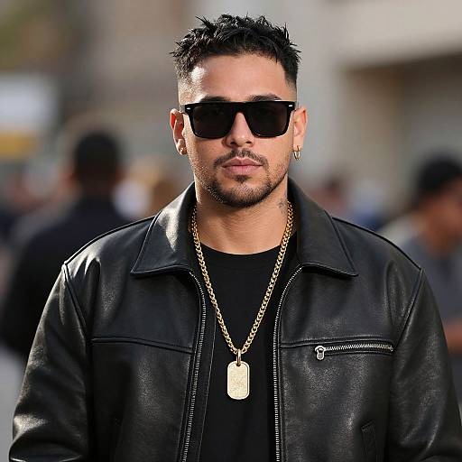 Photograph of a handsome, bearded man with short, spiked black hair, wearing black sunglasses, black leather jacket, gold chain, and black shirt