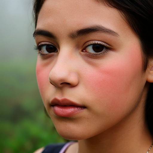 Close-up photograph of a young woman with light brown skin, dark brown eyes, and black hair, looking slightly to the side, with a blurred green