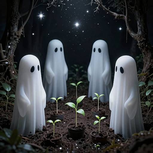 Photograph of glowing white ghost figures with black eyes, standing in a dark forest, surrounding green seedlings under starry night sky.