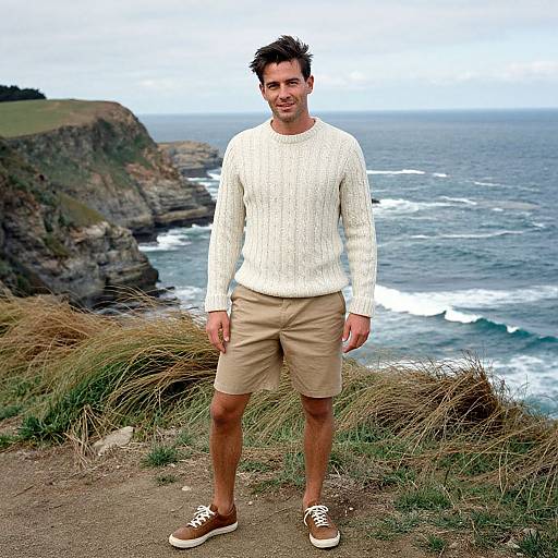 Photograph of a smiling man with short dark hair, wearing a white knit sweater, beige shorts, and brown sneakers, standing on a cliff overlooking a