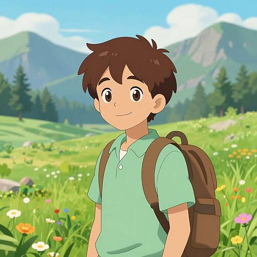 Anime-style digital drawing of a smiling boy with brown hair, wearing a green polo shirt and brown backpack, standing in a colorful meadow with mountains and