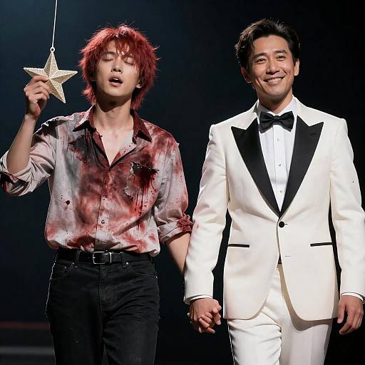 Two Men Holding Hands, One in Bloody Shirt, One in White Tuxedo
