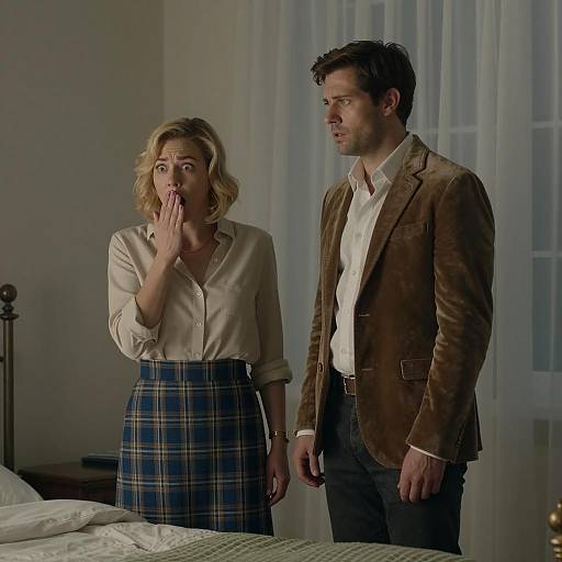 Surprised Woman and Concerned Man in Dimly Lit Room