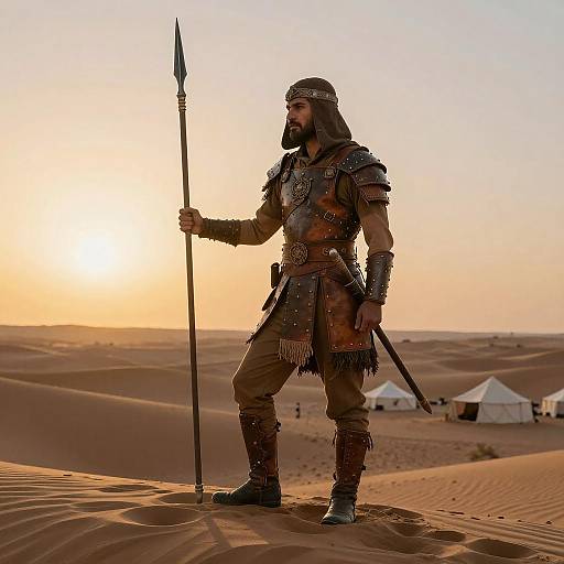 Photograph of a bearded warrior in medieval desert armor with a spear, standing on sand dunes at sunset, with white tents in the background.