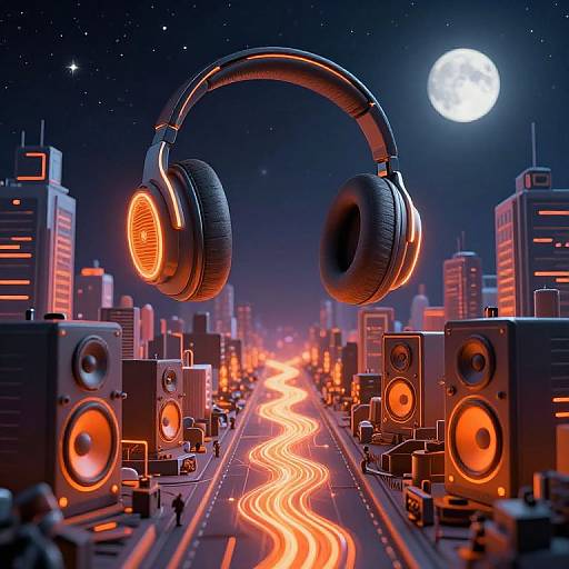 Digital art: giant glowing headphones hovering over a neon-lit, futuristic city street with a moonlit night sky and flowing orange road lights.