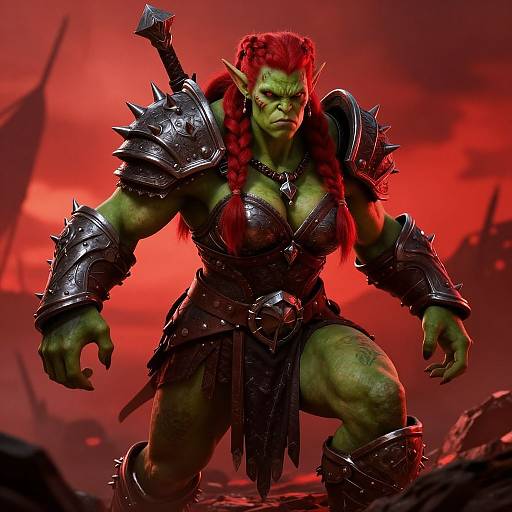 CGI image of a muscular green-skinned orc warrior with red braided hair, wearing spiked armor, and holding a sword, set against a fiery