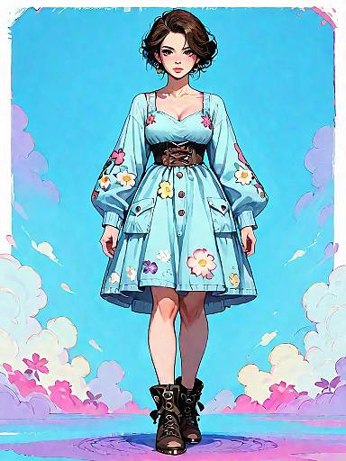 Stylish Woman in Floral Blue Dress and Boots