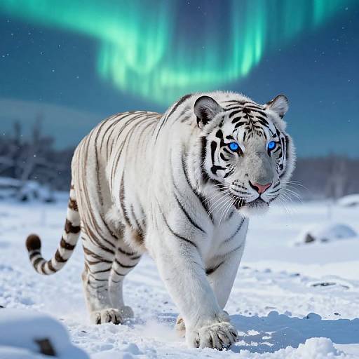 Photograph of a white tiger with vivid blue eyes walking through snow under a vibrant green aurora borealis night sky.