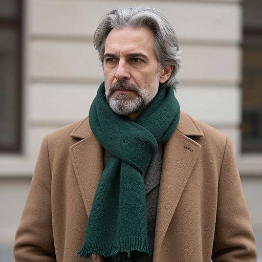 Photograph of a middle-aged man with gray hair and beard, wearing a brown coat and green scarf, standing against a blurred urban background.