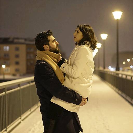 Romantic Snowy Night on a Bridge