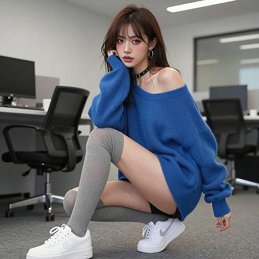 Nita in Blue Oversized Sweater Photoshoot