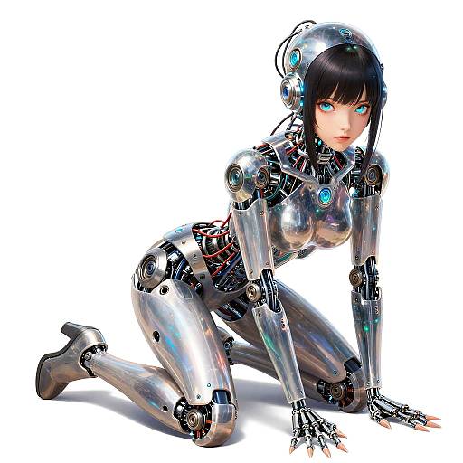 Digital art of a female android with silver metallic body, black hair, and blue eyes, kneeling on all fours, white background.