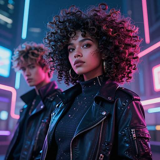 Photograph of two young people with curly hair in black leather jackets, standing in a neon-lit urban night scene, illuminated by pink and blue lights