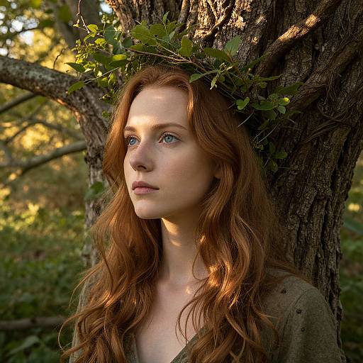 Photograph of a fair-skinned, red-haired woman with wavy hair, wearing a green leaf crown, standing against a sunlit tree in a
