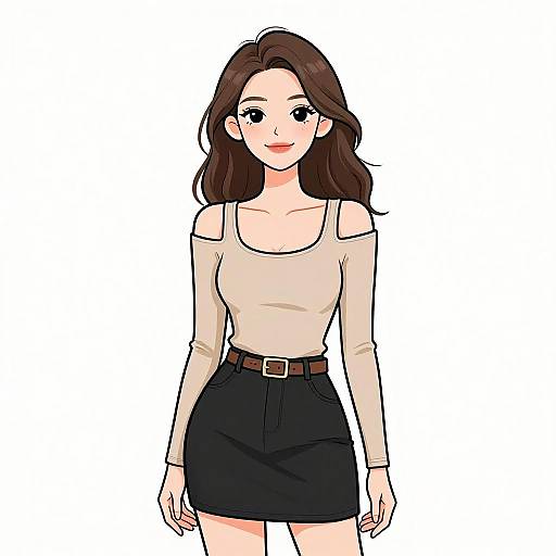 Digital anime-style drawing of a smiling young woman with long brown hair, wearing a beige off-shoulder top and black skirt, against a white background
