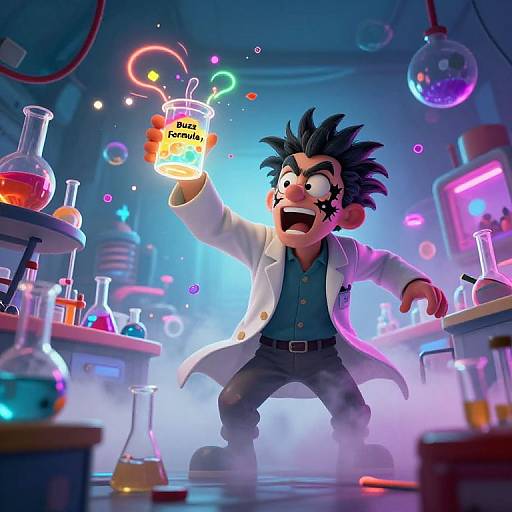 Digital cartoon of a frantic scientist with spiky black hair, white lab coat, and black pants, holding a glowing 