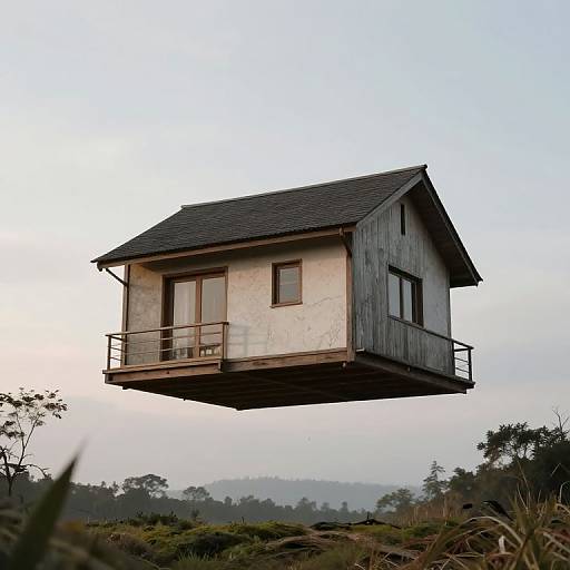 Photograph of a small, floating wooden cabin with a gabled roof, suspended above a lush, hilly landscape at dawn.