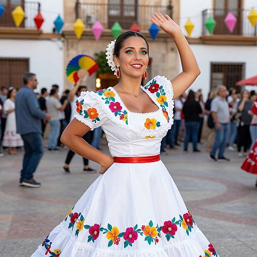 Photograph of a smiling Latina woman in a white floral dress with red belt, waving, at a colorful outdoor festival.
