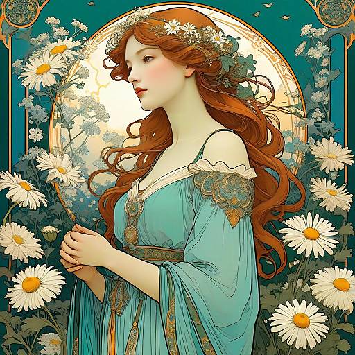 Art Nouveau Woman in Daisy Garden