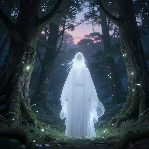 Mysterious, glowing white figure in flowing cloak stands in dark, enchanted forest at twilight, surrounded by floating fireflies. Digital art.