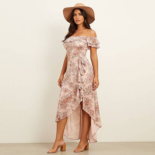Photograph of a woman with long dark hair, wearing a pink floral off-shoulder dress, brown wide-brim hat, and beige heeled