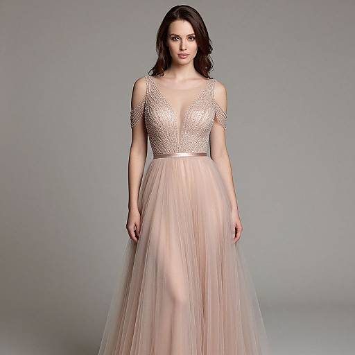 Photograph of a fair-skinned woman with dark brown hair wearing a sheer, sparkling bodice and a flowing, pale pink tulle gown against a
