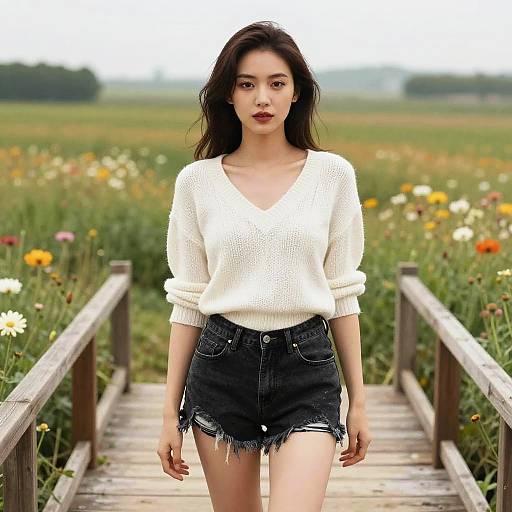 Woman in Floral Meadow with Bridge