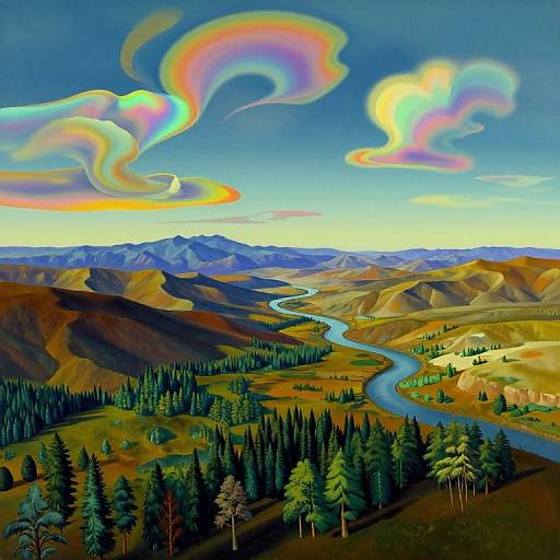 Vibrant digital painting of a mountainous landscape with a winding river, colorful, swirling clouds, and dense evergreen forest. Bright, surreal sky