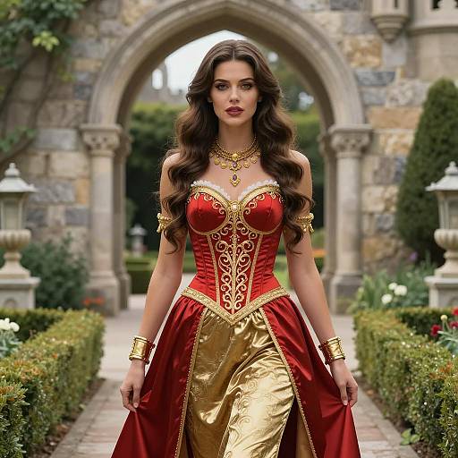Regal Woman in Red and Gold Corset Dress