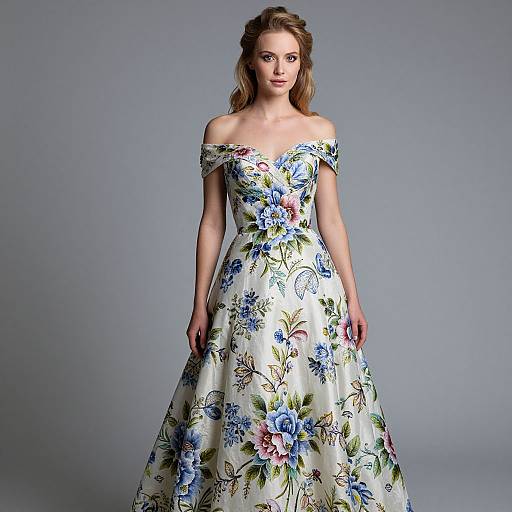 Photograph of a fair-skinned woman with wavy brown hair, wearing an off-shoulder, white floral ball gown with blue and pink flowers