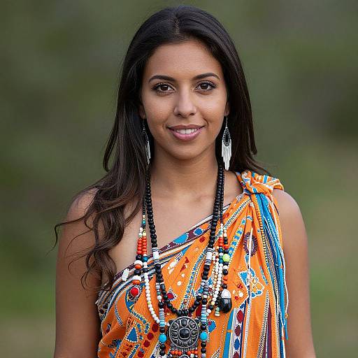 Photograph of an Indian woman with dark hair, brown skin, and brown eyes, wearing an orange and blue patterned sari adorned with black,