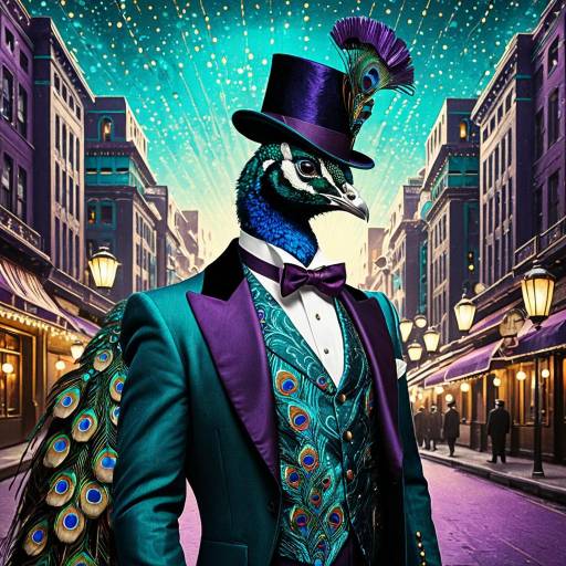 Elegant Peacock in Feathered Suit in Art Deco Cityscape Elegant Peacock in Feathered Suit in Art Deco Cityscape