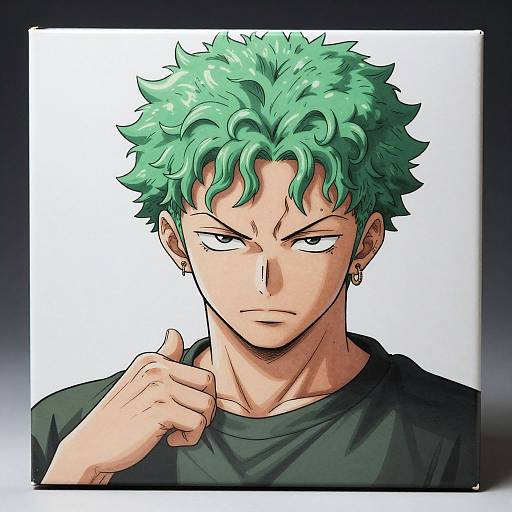 Anime-style digital drawing of a green-haired, muscular young man with sharp eyes, black shirt, gold earring, and finger pointed upward.