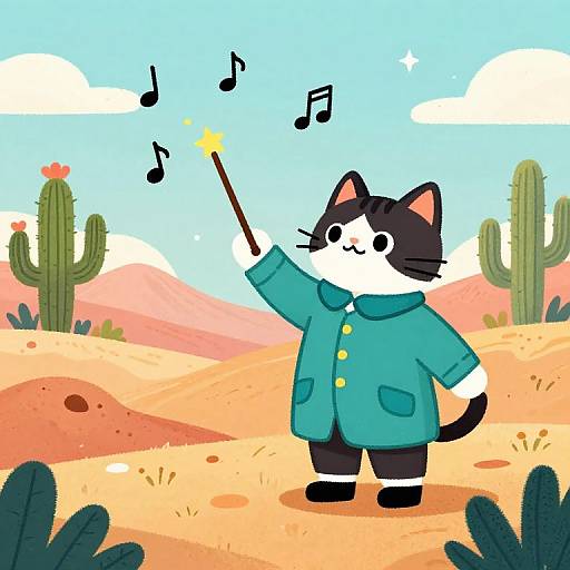 Cartoon cat with black and white fur, wearing a teal coat, plays a magic wand with musical notes in a desert landscape.