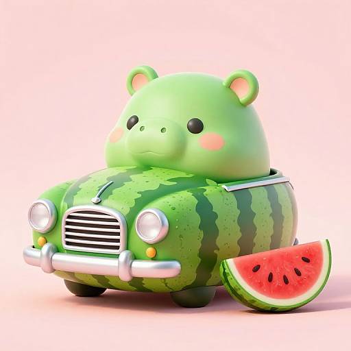 Cute, green, cartoon watermelon car with round headlights, small bear ears, and a slice of watermelon on the ground. Digital art.